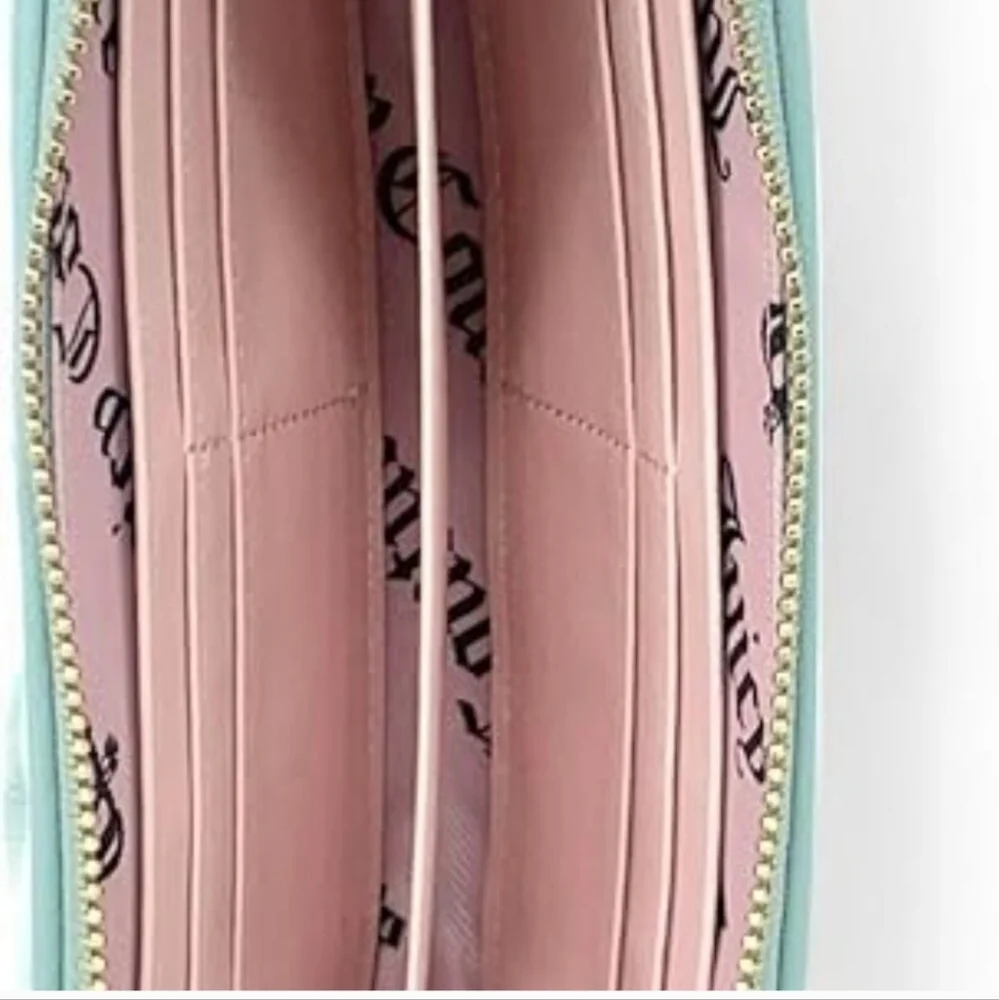 Juicy Couture Turquoise Quilted Long Zippy Wallet With Bow, Soft Poly Fabric - Picture 2 of 6